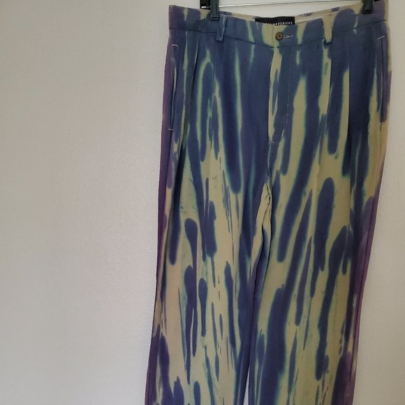 Tommy Bahama Silk navy blue white gray ivory summer dress pants 34 large striped
